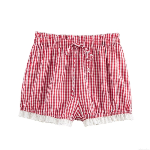 Women Red White Gingham Plaid Shorts Summer Fashion Lace Trim Splicing High Waist Elastic Drawstring Shorts For Casual Daily Beach Wear