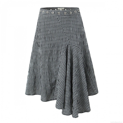 Women's High Waist Irregular Gingham Skirt Cotton Ruffle Hem Midi Skirt With Metal Eyelets Chic Streetwear Plaid Bottoms