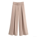 Women's High Waist Wide Leg Pants With Belt Summer Elegant Solid Beige Polyester Trousers Casual Office Streetwear Loose Fit Long Pants