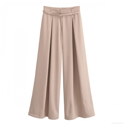 Women's High Waist Wide Leg Pants With Belt Summer Elegant Solid Beige Polyester Trousers Casual Office Streetwear Loose Fit Long Pants