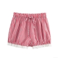 Women's Casual Gingham Patchwork Shorts High Waist Elastic Drawstring Bow Lace Trim Short Pants Summer Sweet Streetwear Polyester Women's Bottoms