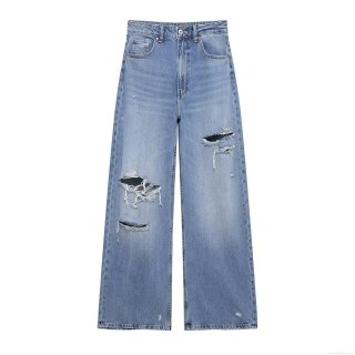 Women's Casual Ripped Distressed Denim Jeans Fashion Loose High Waisted Straight Leg Pants Light Blue Streetwear Denim Trousers