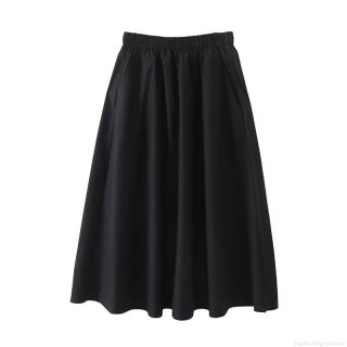 Women's High Waist Midi Skirt Cotton Blend Elastic Waist A-Line Swing Skirt With Invisible Pockets Solid Color Casual Streetwear Fashion Bottoms