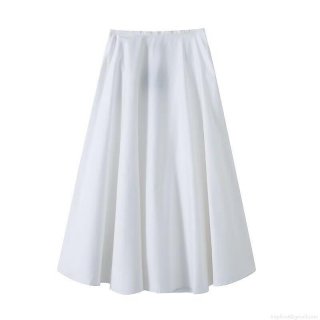 French Style Women A-Line Midi Skirt Solid White Cotton Blend High Waist Casual Commuter Minimalist Large Swing Skirt