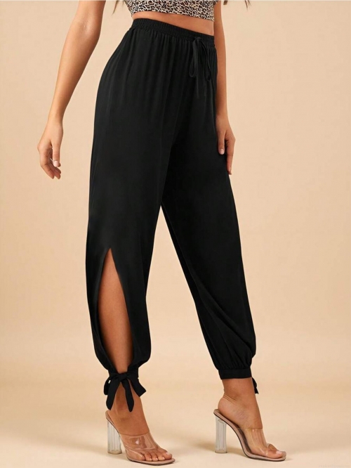 Women's High Waist Drawstring Side Split Lace Up Harem Pants Vintage Black Casual Solid Color Jogger Trousers With Bow Tie Ankle