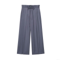 Women's High Waist Wide Leg Pants Solid Color Loose Drawstring Polyester Casual Streetwear Trousers With Belt For Ladies Long Pants