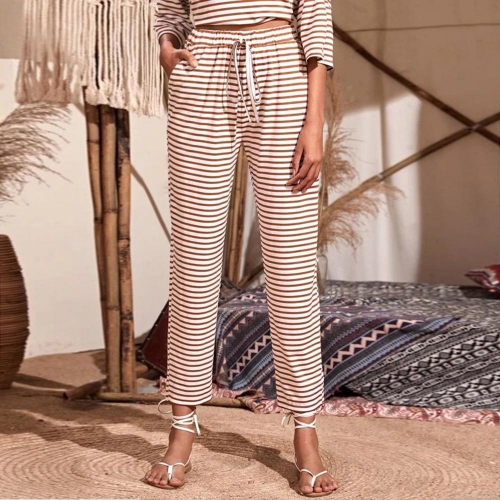 Women's Striped Wide Leg Casual Pants Loose Straight High Waist Drawstring Trousers Viscose Polyester Blend Soft Comfy Bohemian Style Beach Holiday Loungewear Bottoms for Women