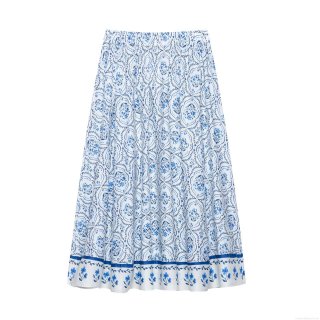 Women's High Waist Chinoiserie Blue and White Floral Print Midi Skirt Elastic Waist A-Line Umbrella Skirt Casual Summer Vacation Flowy Long Skirt