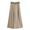 Women's High Waisted Wide Leg Pants 100% Polyester Satin Texture Casual Trousers With Belt Golden Buckle For Office Commute Khaki Solid Straight Pants