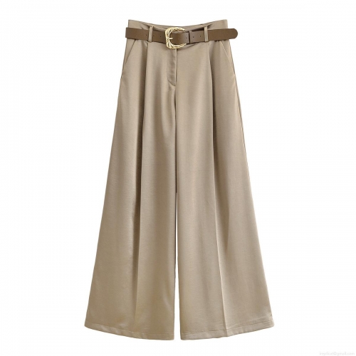 Women's High Waisted Wide Leg Pants 100% Polyester Satin Texture Casual Trousers With Belt Golden Buckle For Office Commute Khaki Solid Straight Pants