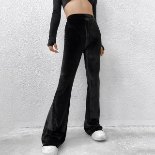 Women's High Waisted Velvet Flared Pants High Quality Slim Fit Mini Flare Leg Trousers Comfortable Solid Black Casual Daily Party Long Pants for Women