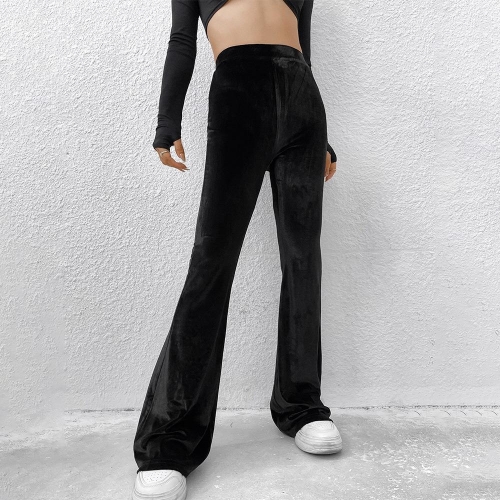 Women's High Waisted Velvet Flared Pants High Quality Slim Fit Mini Flare Leg Trousers Comfortable Solid Black Casual Daily Party Long Pants for Women
