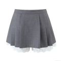 Women's Grey Pleated Mini Skirt Polyester Viscose Blend Lace Patchwork High Waist A-Line Short Skirts Streetwear Casual Party Fashion Skirt for Women