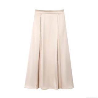 Women's Elegant Satin Mid-Length A-Line Skirt Silky High Waist Apricot Champagne Gold Skirt For Daily Office Party Wear