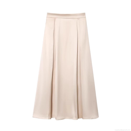 Women's Elegant Satin Mid-Length A-Line Skirt Silky High Waist Apricot Champagne Gold Skirt For Daily Office Party Wear