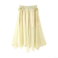Women's Irregular Chiffon Midi Skirt With Drawstring High Waist Ruffle Bow Casual Streetwear A-Line Skirt For Summer Holiday Pale Yellow
