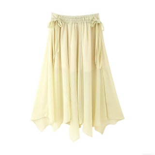 Women's Irregular Chiffon Midi Skirt With Drawstring High Waist Ruffle Bow Casual Streetwear A-Line Skirt For Summer Holiday Pale Yellow