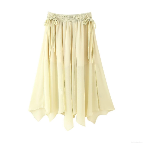 Women's Irregular Chiffon Midi Skirt With Drawstring High Waist Ruffle Bow Casual Streetwear A-Line Skirt For Summer Holiday Pale Yellow