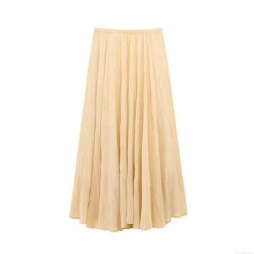 Women's Casual Solid Color Pleated Midi Skirt Elegant Elastic High Waist Crinkled Chiffon Fabric Skirt For Spring Summer Streetwear