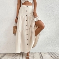 Women's High Waist Tiered Maxi Skirt Boho Elastic Waist Layered Skirt With Decorative Front Buttons Summer Holiday Beach Skirts Women's Solid Color Casual Ruffle Long Skirts