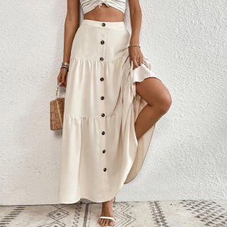 Women's High Waist Tiered Maxi Skirt Boho Elastic Waist Layered Skirt With Decorative Front Buttons Summer Holiday Beach Skirts Women's Solid Color Casual Ruffle Long Skirts