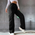 Women Streetwear High Waist Cargo Pants 100% Polyester Straight Leg Elastic Waist Multi-Pockets Solid Color Casual Trousers for Daily Outdoor Fashion