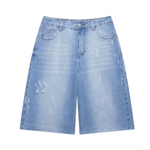 Women's Casual Ripped Denim Shorts High Waist Distressed Wide Leg Five-Pocket Polyester Shorts For Summer Streetwear Women