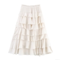 Women's Summer Tiered Ruffle Cake Mini Skirt High Elastic Waist Short Skirt A-Line Solid White Polyester Skirt for Streetwear Casual Daily Fashion