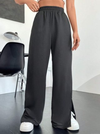 Women High Waist Wide Leg Sweatpants Side Slit Polyester Cotton Blend Casual Loose Long Pants Elastic Waist Fall Winter Fashion Streetwear for Women