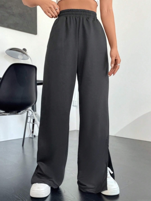Women High Waist Wide Leg Sweatpants Side Slit Polyester Cotton Blend Casual Loose Long Pants Elastic Waist Fall Winter Fashion Streetwear for Women