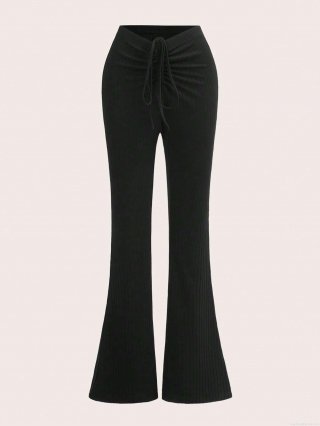 Women's Low Waist Ribbed Knit Flared Pants Slim Fit Drawstring Polyester Rayon Blend Trousers Casual Bell Bottom Yoga Pants For Women