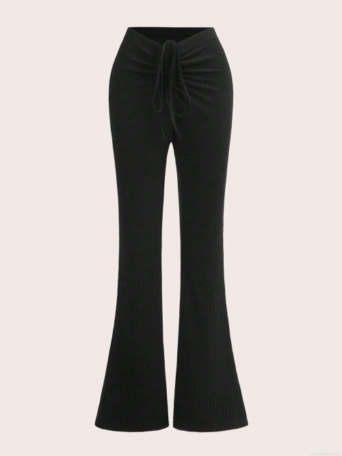 Women's Low Waist Ribbed Knit Flared Pants Slim Fit Drawstring Polyester Rayon Blend Trousers Casual Bell Bottom Yoga Pants For Women