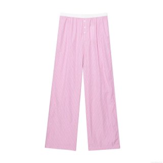 Women's Casual Striped Long Pants Polyester Loose Fit Trousers Pink White Vertical Stripes Elastic Waist Button Detail Streetwear Summer Bottoms
