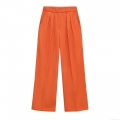 Women's High Waist Wide Leg Trousers Elegant Solid Tangerine Straight Leg Casual Pants Front Pleats Side Pockets Professional Work Wear Summer Long Pants