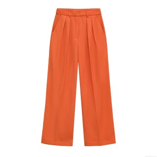 Women's High Waist Wide Leg Trousers Elegant Solid Tangerine Straight Leg Casual Pants Front Pleats Side Pockets Professional Work Wear Summer Long Pants