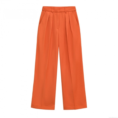 Women's High Waist Wide Leg Trousers Elegant Solid Tangerine Straight Leg Casual Pants Front Pleats Side Pockets Professional Work Wear Summer Long Pants