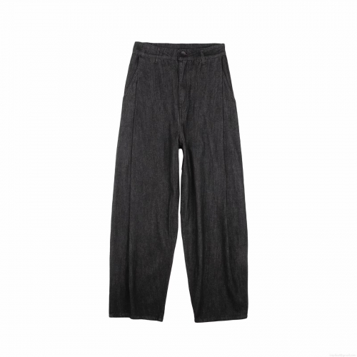 Women's Casual 100% Cotton Denim Curved Leg Jeans Loose Fit Pleated Mid Waist Streetwear Solid Color Barrel Pants With Pockets