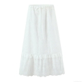 Women's White Cotton Lace Embroidery A-Line Cake Skirt Summer High Waist Elastic Tiered Ruffle Mid-Length Skirt Street Style Casual Skirt For Women