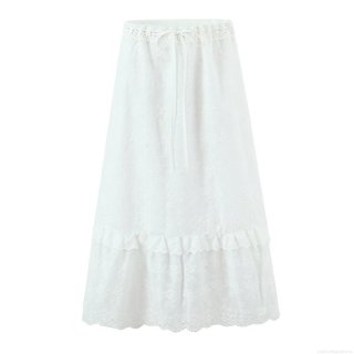 Women's White Cotton Lace Embroidery A-Line Cake Skirt Summer High Waist Elastic Tiered Ruffle Mid-Length Skirt Street Style Casual Skirt For Women