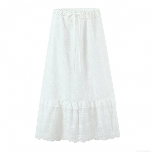 Women's White Cotton Lace Embroidery A-Line Cake Skirt Summer High Waist Elastic Tiered Ruffle Mid-Length Skirt Street Style Casual Skirt For Women