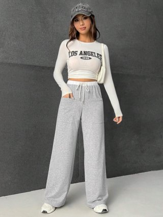 Women's Casual Wide Leg Sweatpants High Waist Contrast Drawstring Soft Polyester Cotton Knit Loose Straight Leg Trousers for Daily Sport Lounge