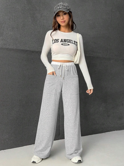 Women's Casual Wide Leg Sweatpants High Waist Contrast Drawstring Soft Polyester Cotton Knit Loose Straight Leg Trousers for Daily Sport Lounge