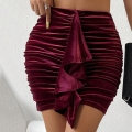 Women's Sexy Velvet Ruched Mini Skirt High Waist Ruffle Hem Bodycon Short Skirt Elegant Dark Red Velvet Skirt For Club Party