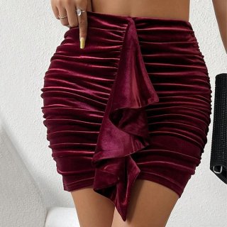 Women's Sexy Velvet Ruched Mini Skirt High Waist Ruffle Hem Bodycon Short Skirt Elegant Dark Red Velvet Skirt For Club Party