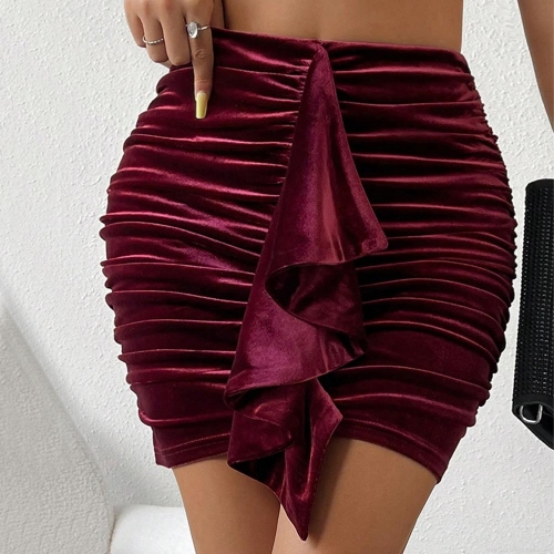 Women's Sexy Velvet Ruched Mini Skirt High Waist Ruffle Hem Bodycon Short Skirt Elegant Dark Red Velvet Skirt For Club Party