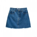 Women's Summer High Waist Denim Style A-Line Mini Skirt Frayed Raw Hem Solid Color Streetwear Polyester Short Skirt With Pockets