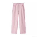 Women's Pink Denim Polyester Straight Leg Jeans With Full Rhinestone Rhombus Pattern Casual Streetwear Long Pants Fashion Street Trousers