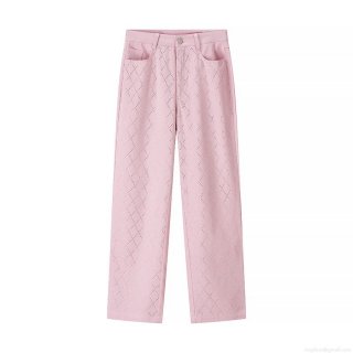 Women's Pink Denim Polyester Straight Leg Jeans With Full Rhinestone Rhombus Pattern Casual Streetwear Long Pants Fashion Street Trousers