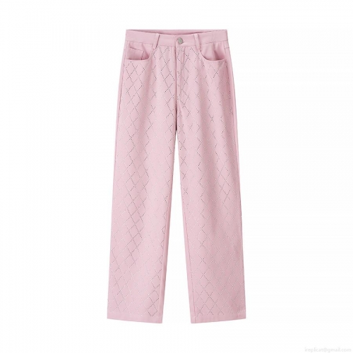 Women's Pink Denim Polyester Straight Leg Jeans With Full Rhinestone Rhombus Pattern Casual Streetwear Long Pants Fashion Street Trousers