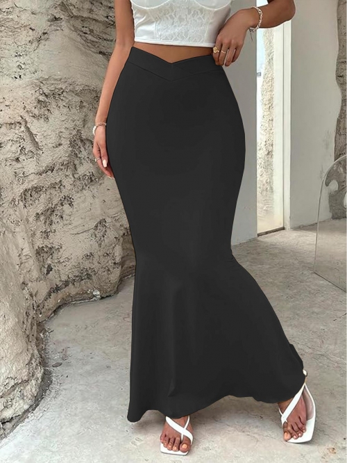 Women Sexy High Waist V-Cut Notch Maxi Skirt Polyester Elastane Slim Fit Mermaid Fishtail Long Skirt For Party Dating Night Out Hot Girl Aesthetic